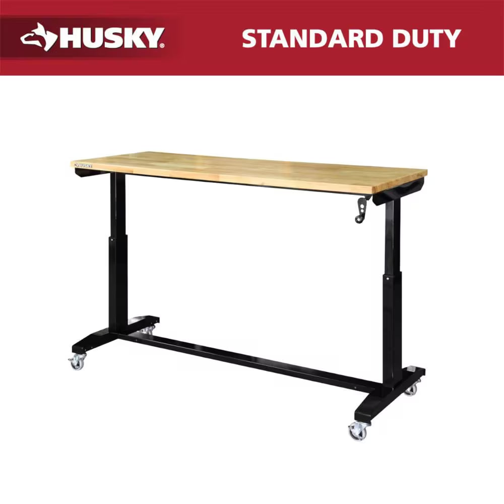 72 In. W X 24 In. D 2-Drawer Adjustable Height Black Workbench Table with Solid Wood Top