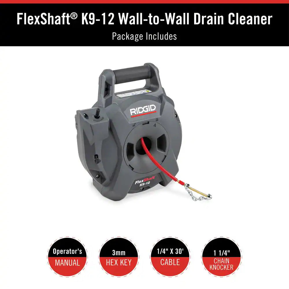 K9-12 Flexshaft Wall-To-Wall Drain Cleaner, 1/4 In. X 30 Ft. Cleans 1-1/4 In. to 2 In. Pipes to Full Flow Capacity