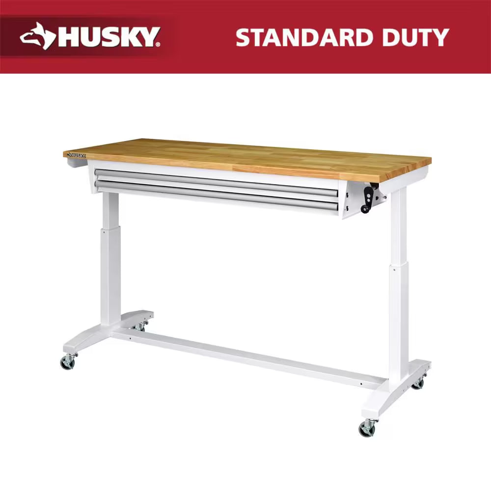52 In. W X 24 In. D 2-Drawer Adjustable Height White Workbench Table with Solid Wood Top