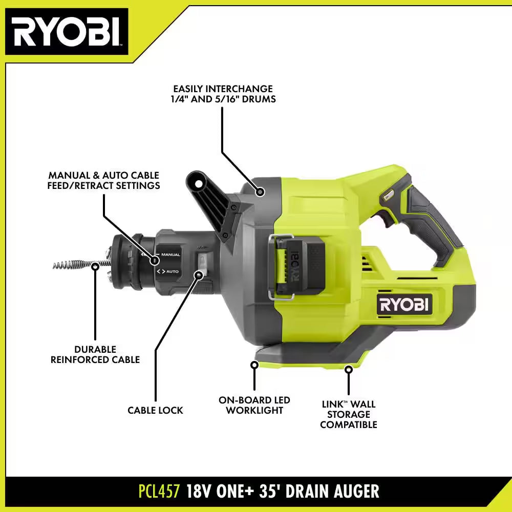 ONE+ 18V Cordless Drain Auger with 35 Ft Cable, LED Light, Auto Feed/Retract, Cable Lock, Enclosed Drum (Tool Only)