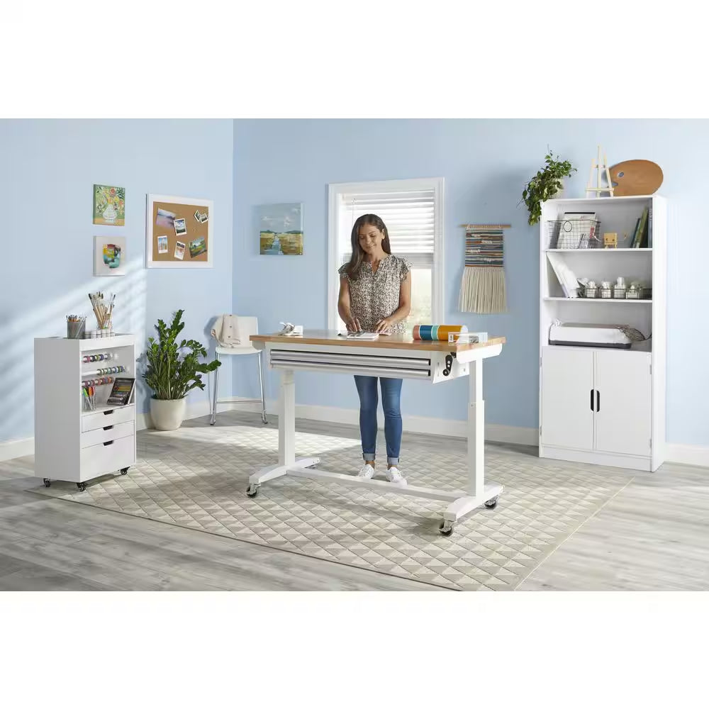 52 In. W X 24 In. D 2-Drawer Adjustable Height White Workbench Table with Solid Wood Top