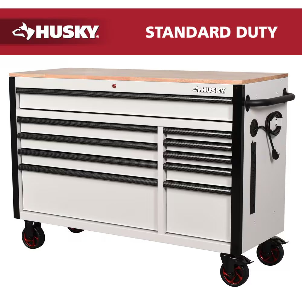 Standard-Duty 52 In. W 10-Drawer Matte Cadet Gray Mobile Workbench Cabinet with Solid Wood Top