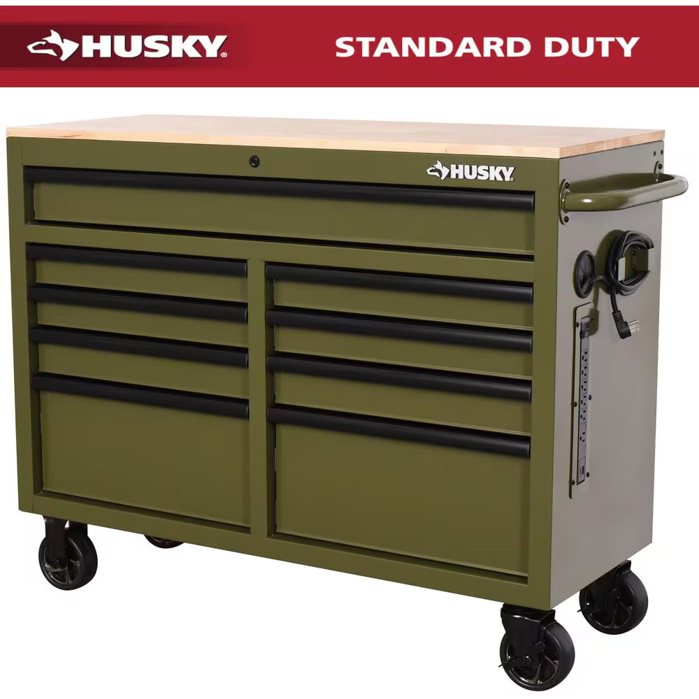 Tool Storage 46 In. W X 18 In. D 9-Drawer Mobile Workbench Cabinet in Gloss Black