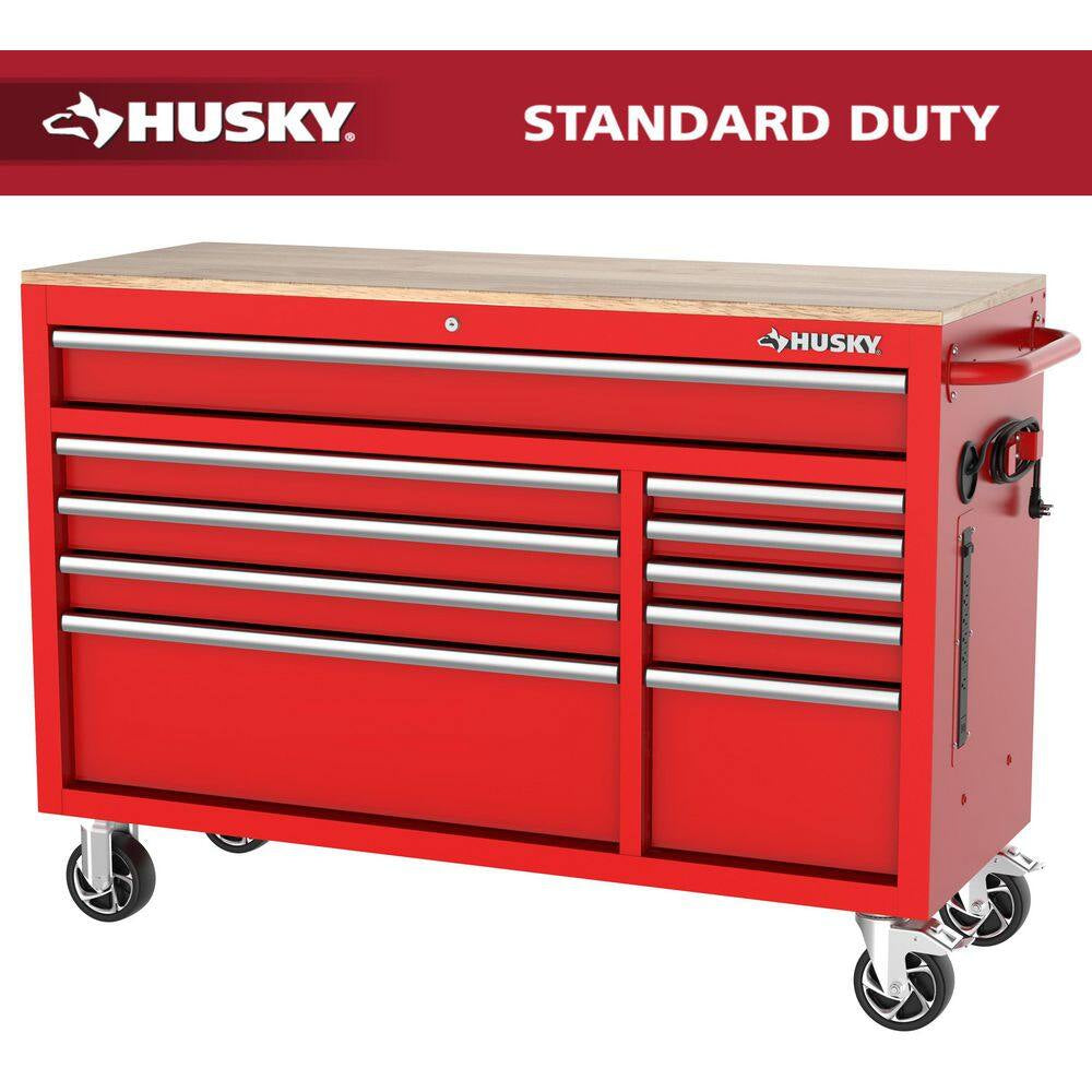 Standard-Duty 52 In. W 10-Drawer Matte Cadet Gray Mobile Workbench Cabinet with Solid Wood Top