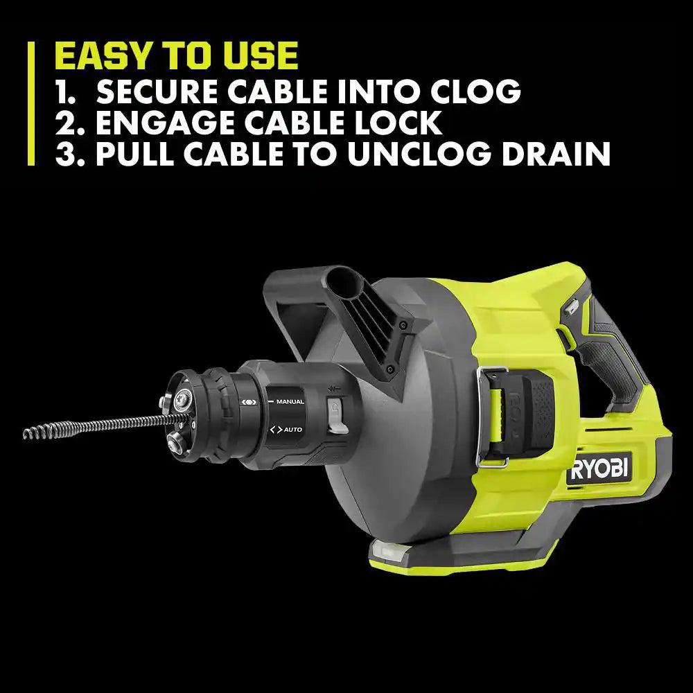 ONE+ 18V Cordless Drain Auger with 35 Ft Cable, LED Light, Auto Feed/Retract, Cable Lock, Enclosed Drum (Tool Only)