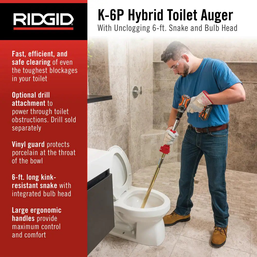 K-6P Hybrid Toilet Snake Auger, Cable Extends to 6 Ft. with Integrated Bulb Head (Manual or Cordless Drill Operated)