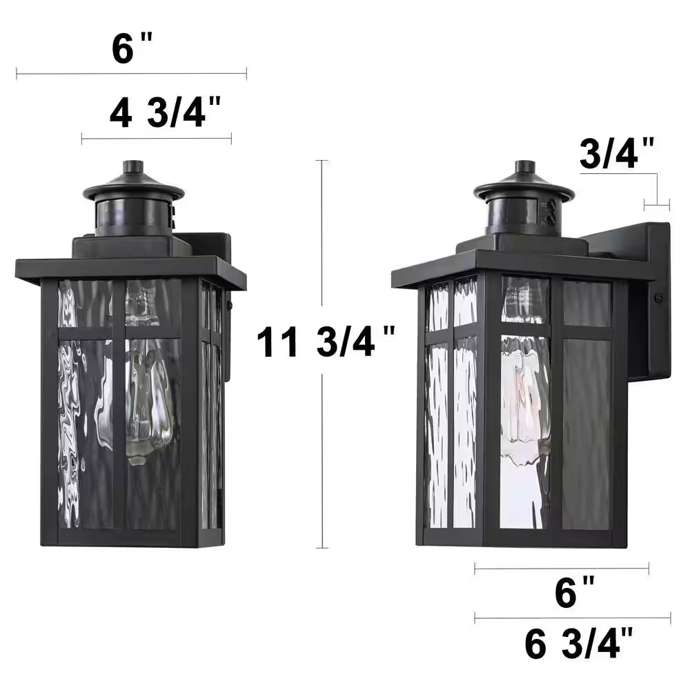 11.75 In. Matte Black Motion Sensing Dusk to Dawn Outdoor Hardwired Wall Lantern Sconces with Water Glass(2-Pack)