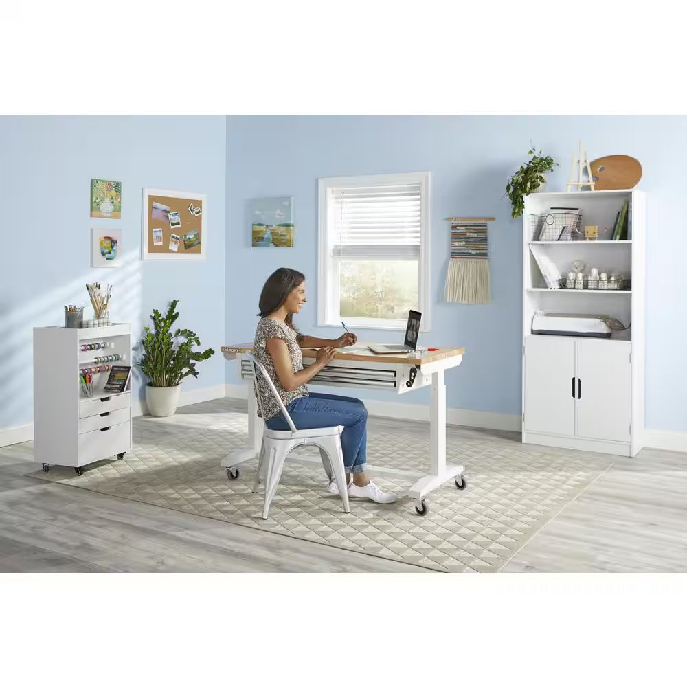 52 In. W X 24 In. D 2-Drawer Adjustable Height White Workbench Table with Solid Wood Top