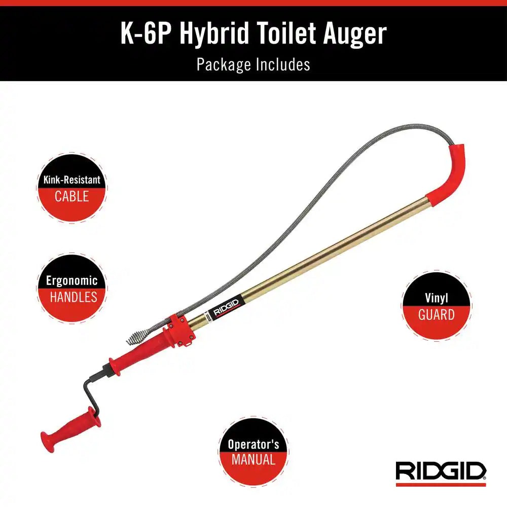 K-6P Hybrid Toilet Snake Auger, Cable Extends to 6 Ft. with Integrated Bulb Head (Manual or Cordless Drill Operated)