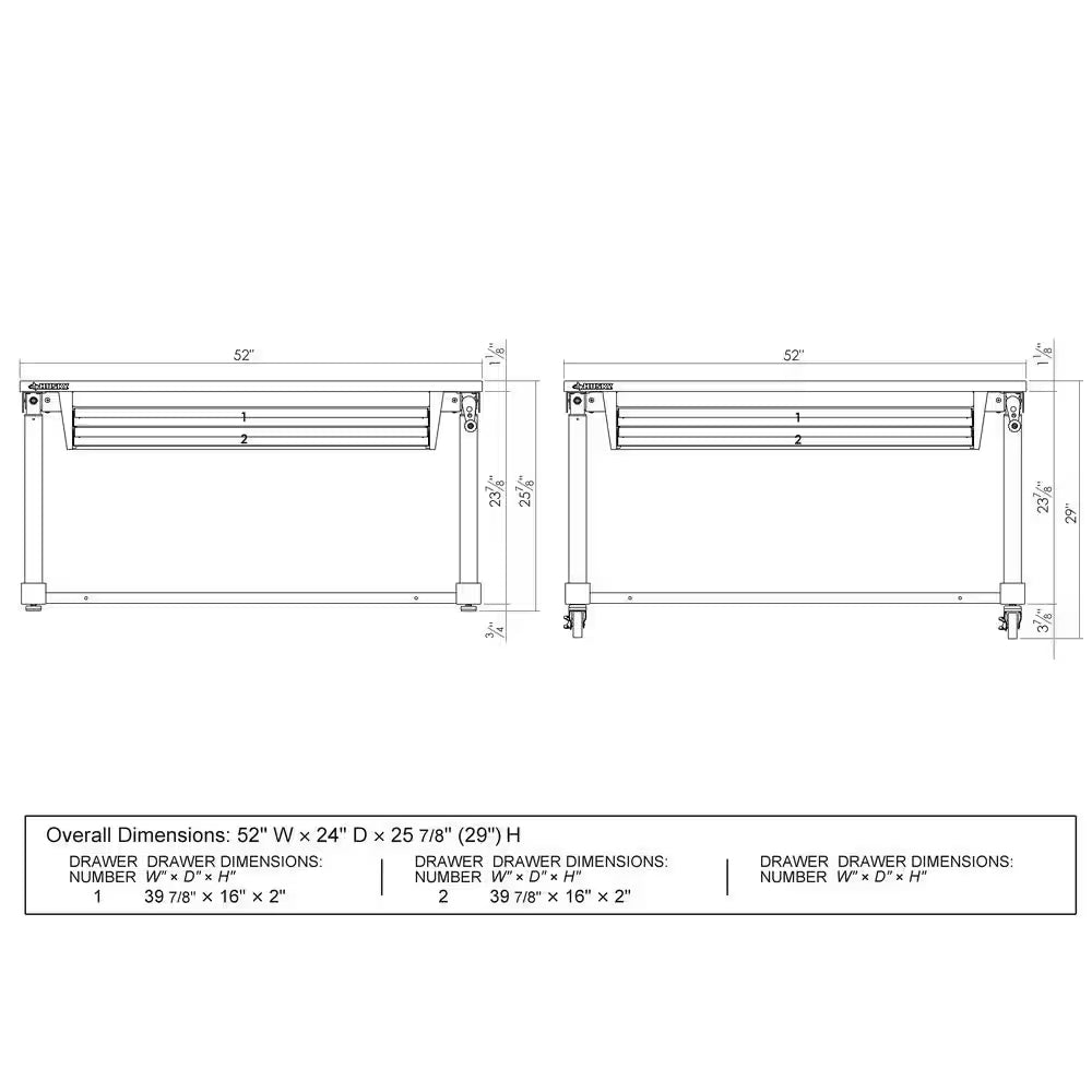 52 In. W X 24 In. D 2-Drawer Adjustable Height White Workbench Table with Solid Wood Top
