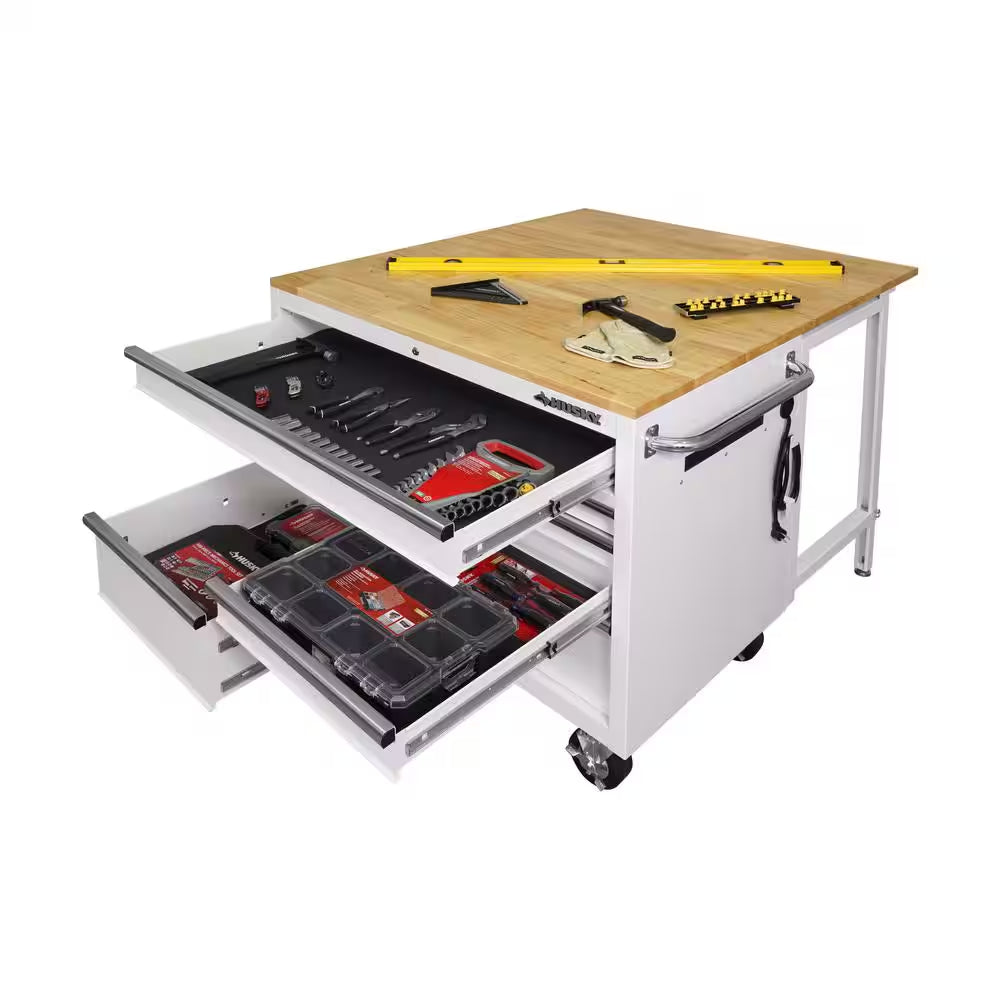 Tool Storage 46 In. W X 51 In. D Standard Duty Gloss White Mobile Workbench Cabinet with Solid Wood Top