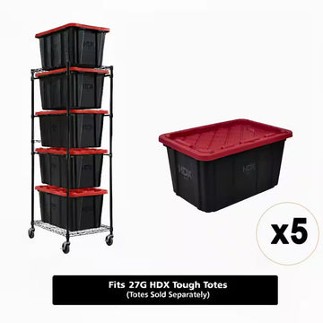 Steel Wire Garage Storage Rack (22 In. X 69 In. X 28.5 In.) and 5-Pack of Red 27 Gal. Totes