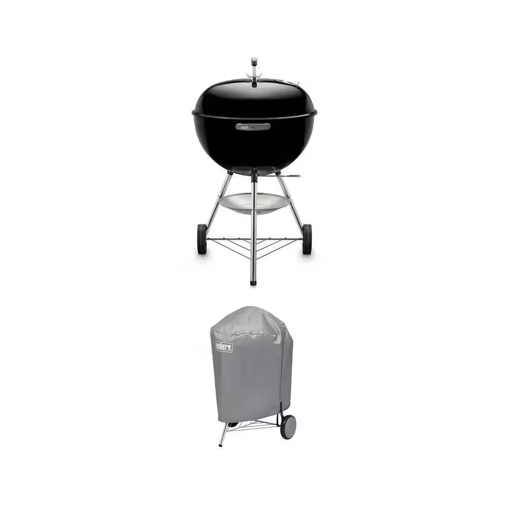 Original Kettle 22 In. Charcoal Grill in Black with One-Touch Cleaning System with Grill Cover Combo