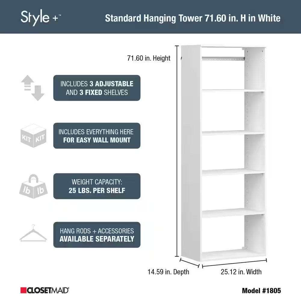 Style+ 25 In. W White Hanging Wood Closet Tower