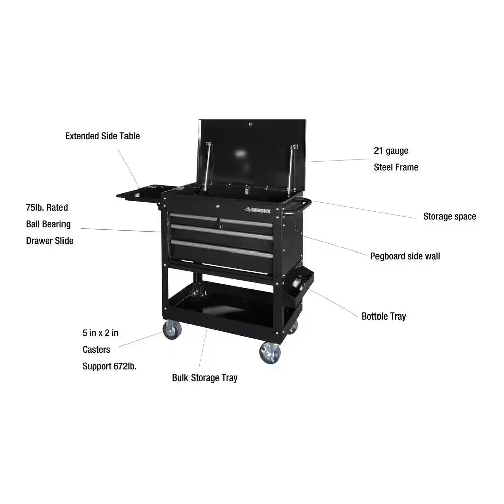 Tool Storage 33 In. W Mechanics Cart with Extended Side Table and Bottle Tray