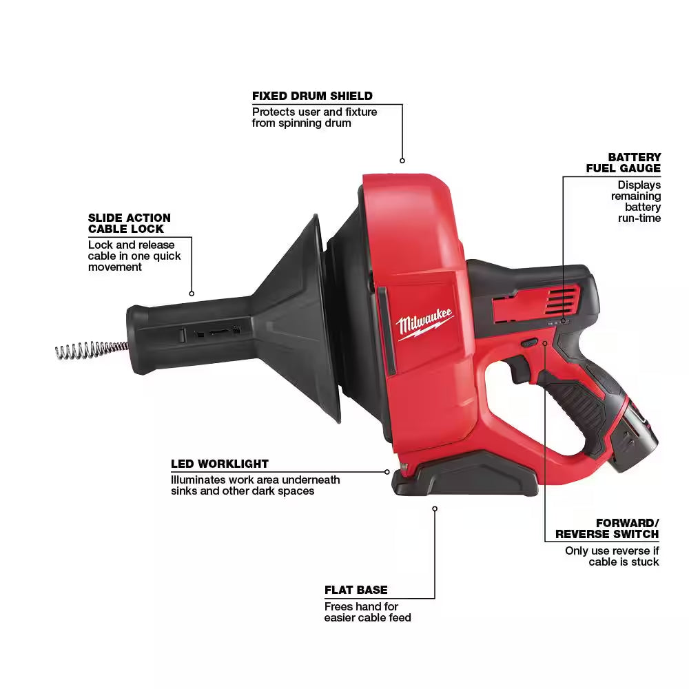 M12 12-Volt Lithium-Ion Cordless Auger Snake Drain Cleaning Kit with 6.0Ah Battery
