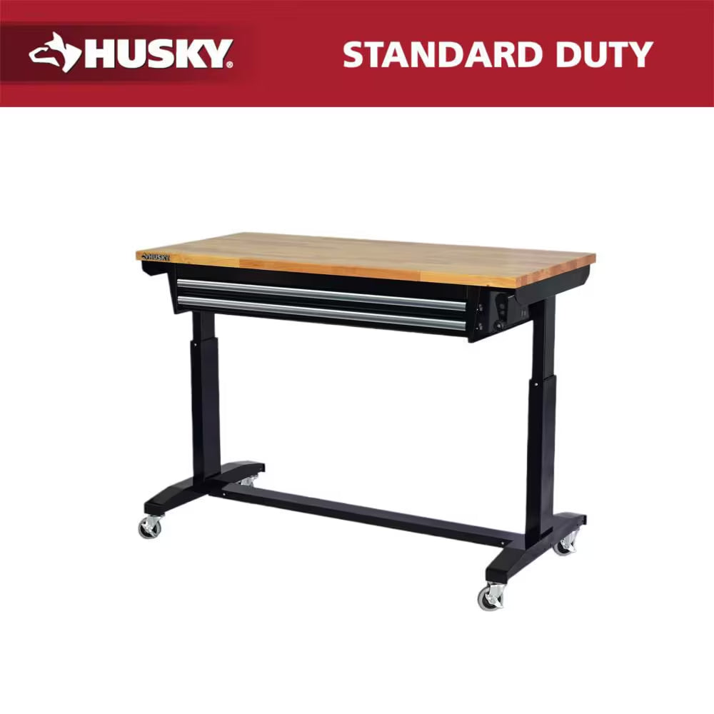 72 In. W X 24 In. D 2-Drawer Adjustable Height Black Workbench Table with Solid Wood Top