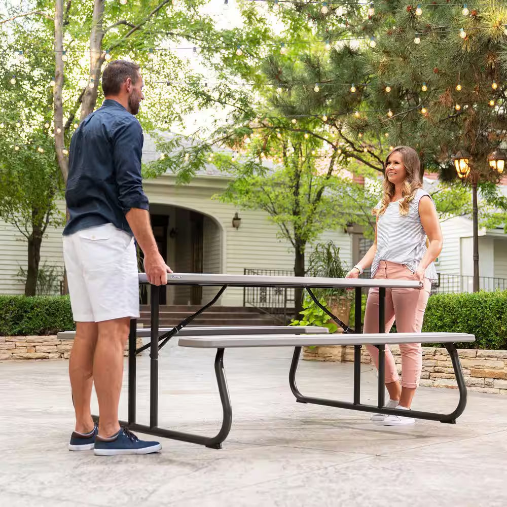 72 In. Bronze Sand Rectangle Steel Frame Picnic Table in Storm Dust Rough Cut Color, Folding