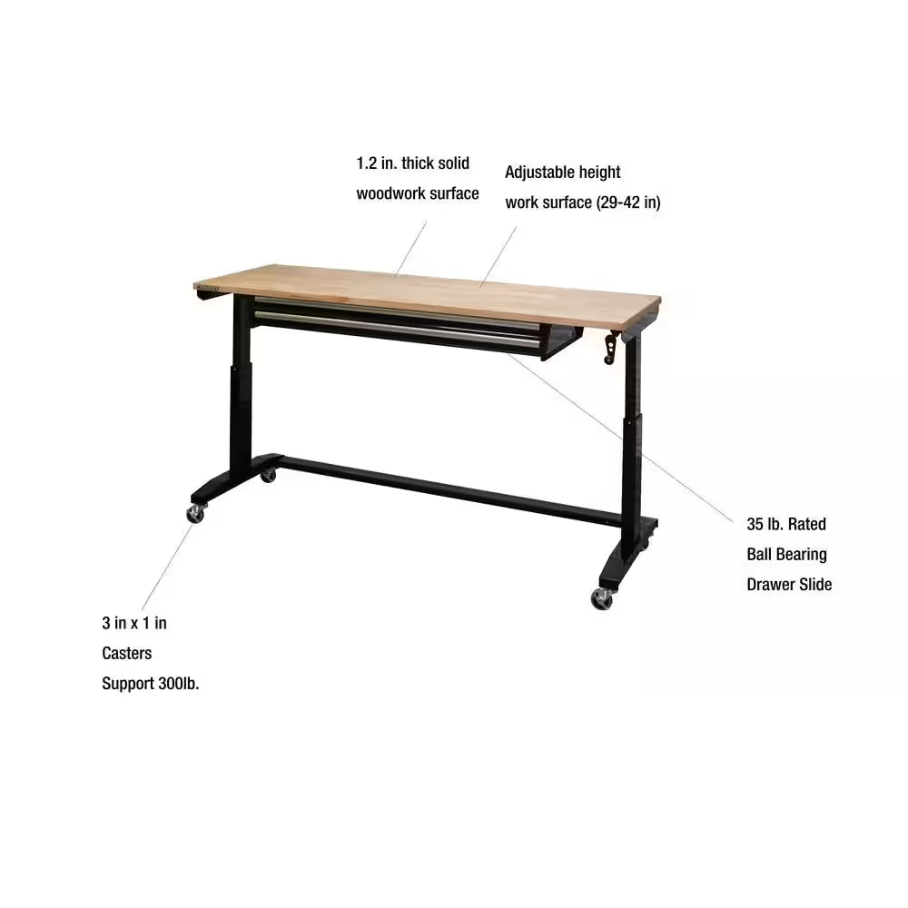 72 In. W X 24 In. D 2-Drawer Adjustable Height Black Workbench Table with Solid Wood Top