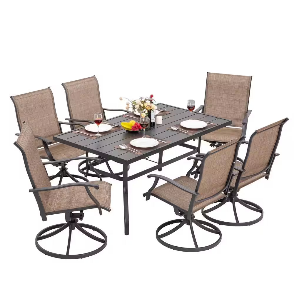 Brown 7-Piece Steel Sling Outdoor Patio Dining Set with Rectangular Table and Swivel Dining Chairs