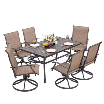Brown 7-Piece Steel Sling Outdoor Patio Dining Set with Rectangular Table and Swivel Dining Chairs