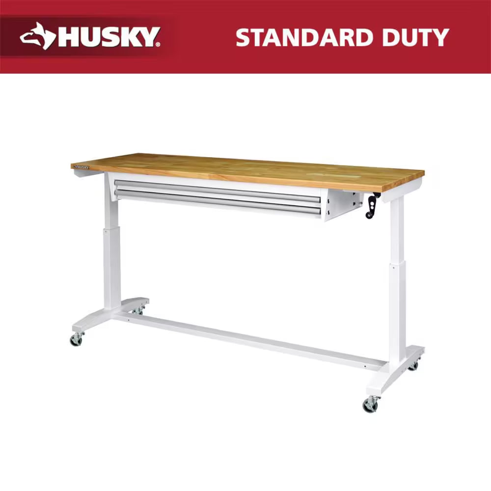 52 In. W X 24 In. D 2-Drawer Adjustable Height White Workbench Table with Solid Wood Top