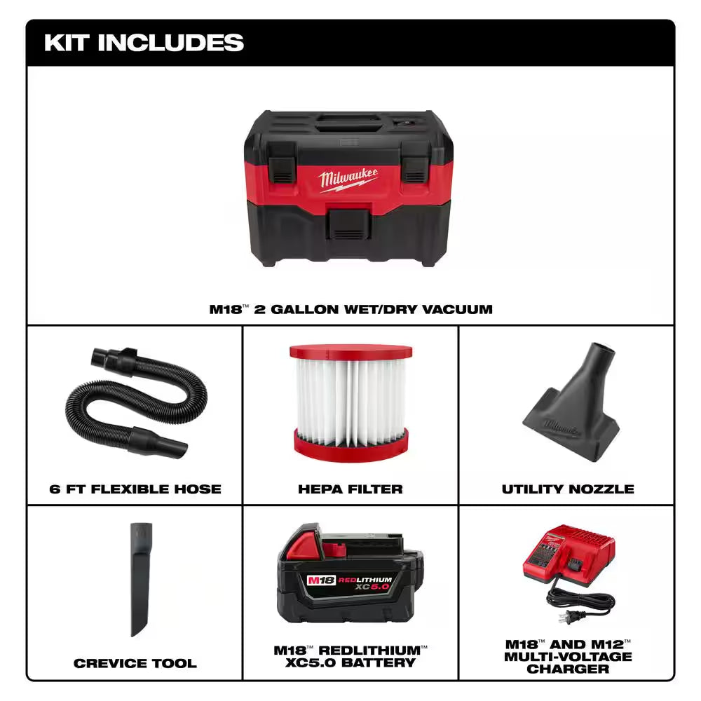 M18 18-Volt 2 Gal. Lithium-Ion Cordless Wet/Dry Vacuum with M18 XC 5.0 Ah Starter Kit