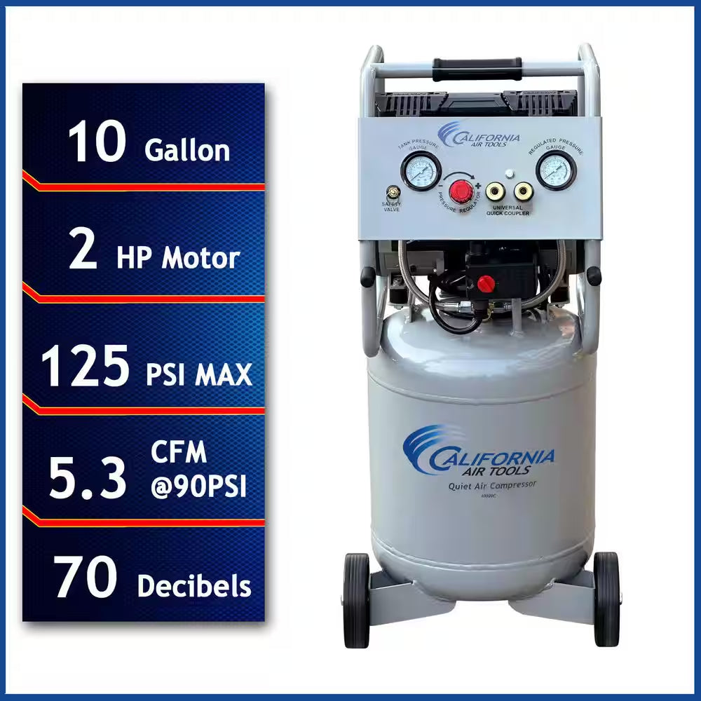 10 Gal. 2.0 HP Ultra Quiet and Oil-Free Electric Air Compressor