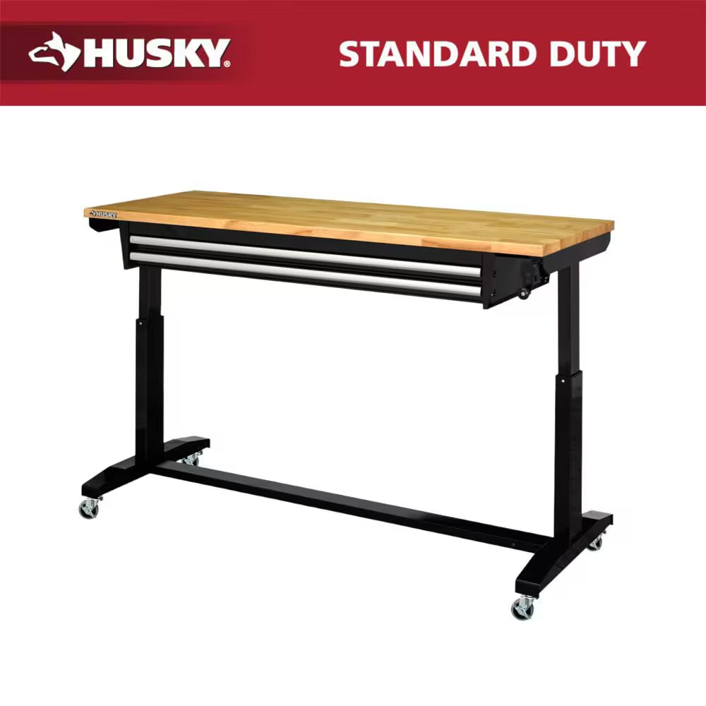 72 In. W X 24 In. D 2-Drawer Adjustable Height Black Workbench Table with Solid Wood Top