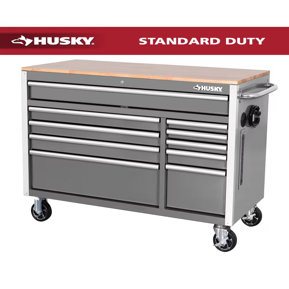 Standard-Duty 52 In. W 10-Drawer Matte Cadet Gray Mobile Workbench Cabinet with Solid Wood Top