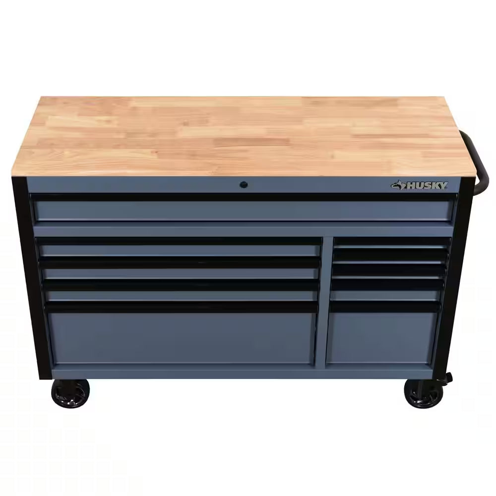 Standard-Duty 52 In. W 10-Drawer Matte Cadet Gray Mobile Workbench Cabinet with Solid Wood Top