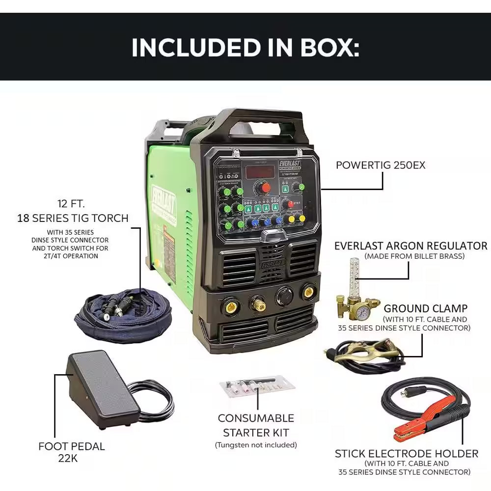 250 Amp Powertig 250EX IGBT Digital Inverter AC/DC Stick/Tig Welder with High Frequency and Lift TIG Start, 240V