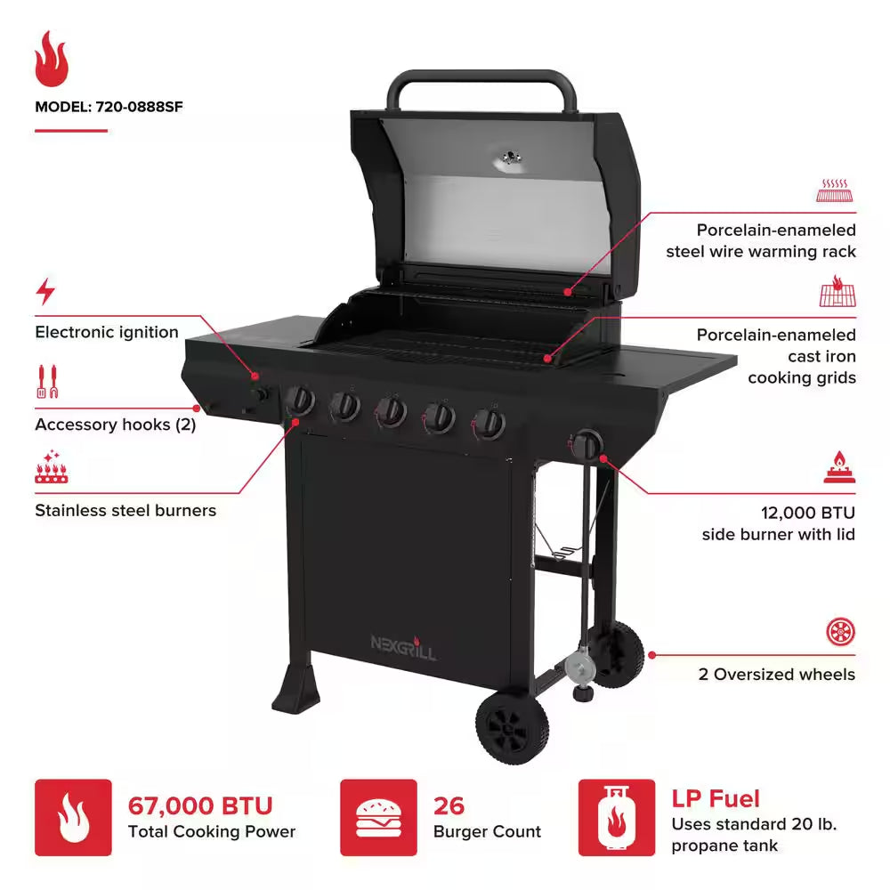 5-Burner Liquid Propane Gas Grill in Graphite Black with Side Burner