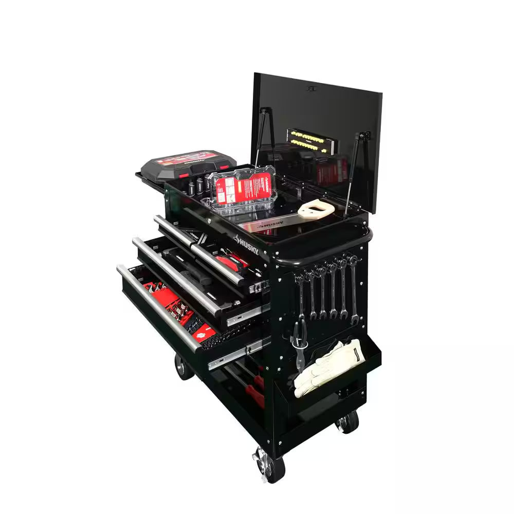 Tool Storage 33 In. W Mechanics Cart with Extended Side Table and Bottle Tray