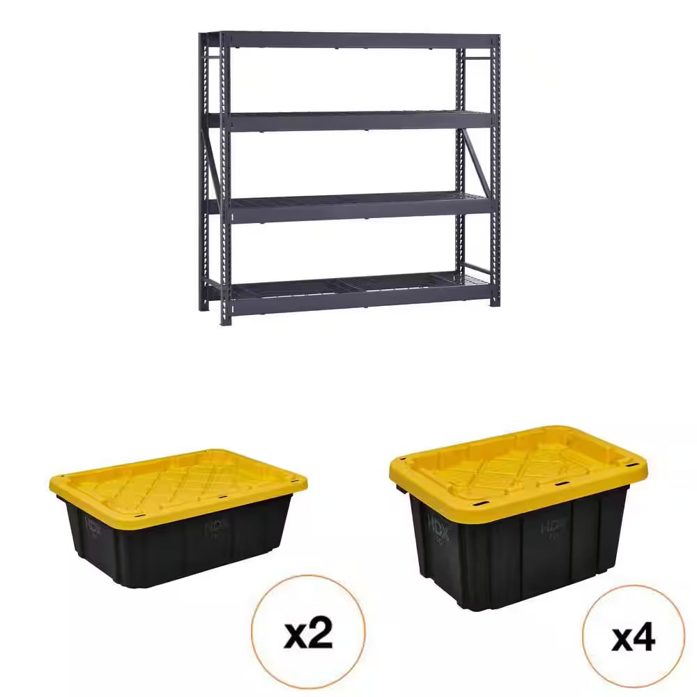 77 In. W 4-Shelf Black Metal Shelving Unit, 14 Gal. and 7 Gal. Black and Yellow Storage Tote Combo