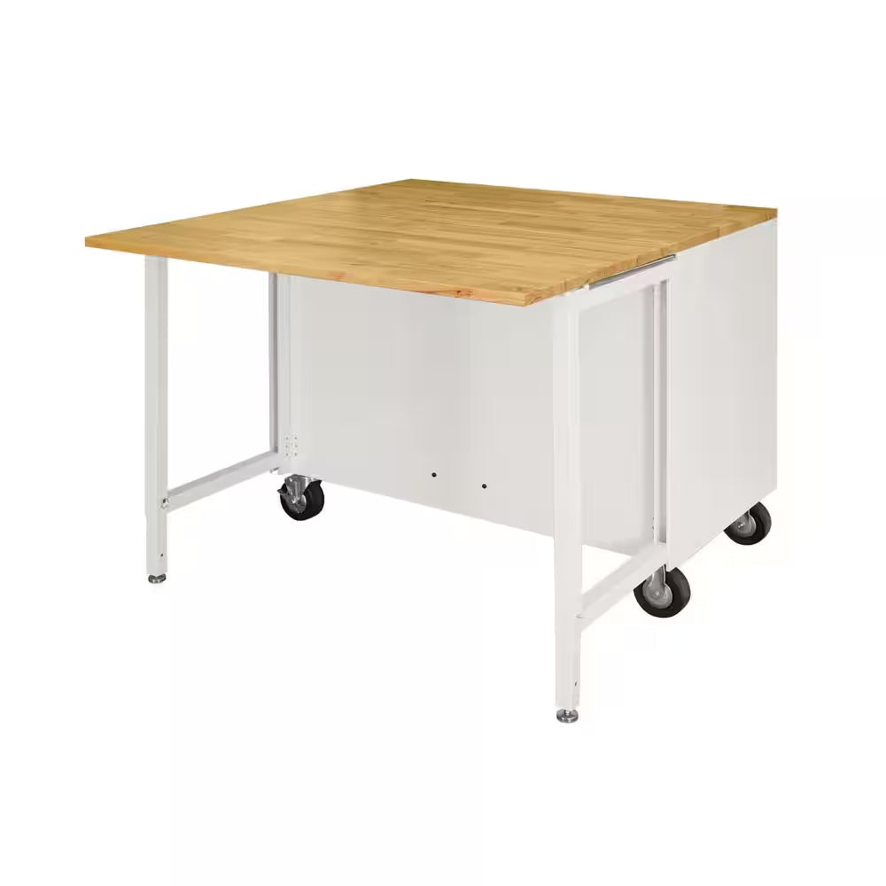 Tool Storage 46 In. W X 51 In. D Standard Duty Gloss White Mobile Workbench Cabinet with Solid Wood Top