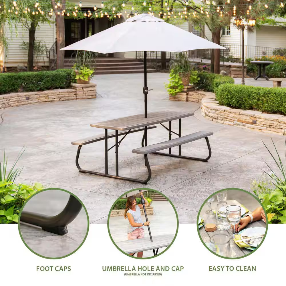72 In. Bronze Sand Rectangle Steel Frame Picnic Table in Storm Dust Rough Cut Color, Folding