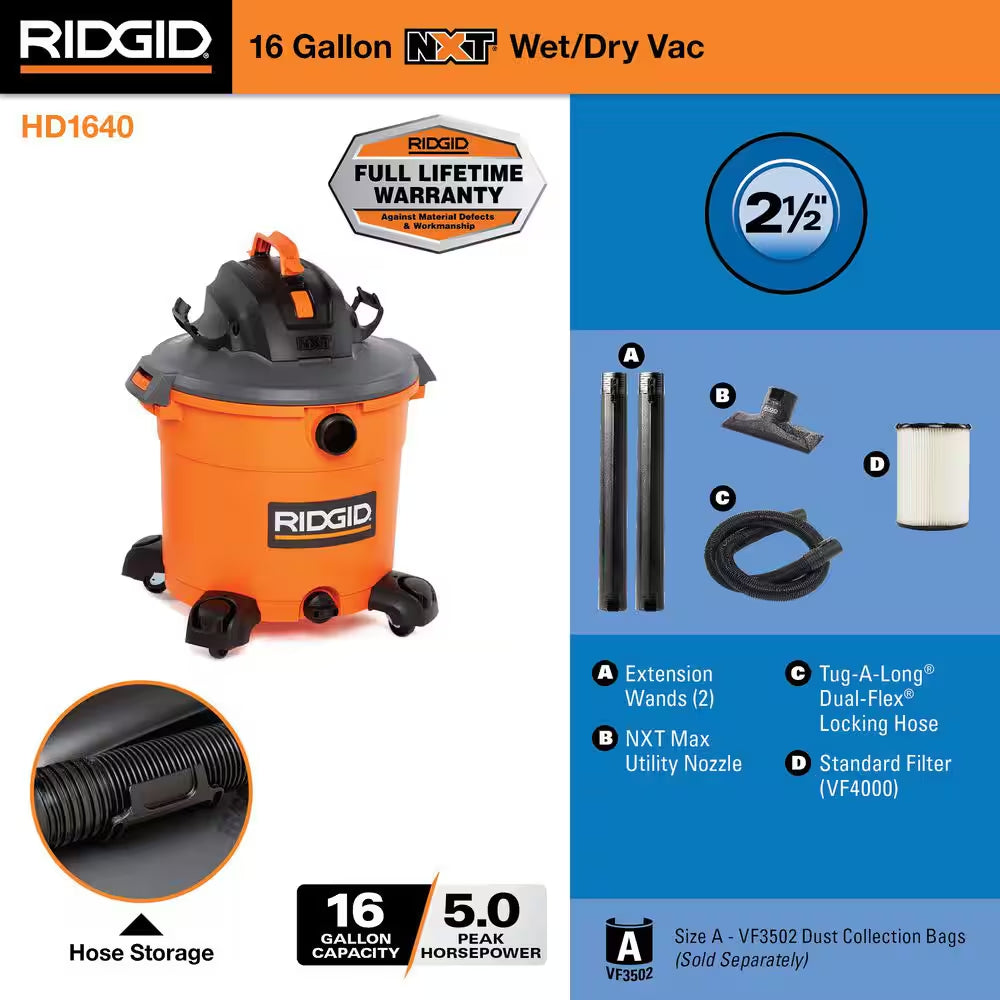 16 Gal. 5.0 Peak HP NXT Shop Vacuum Wet Dry Vac with General Debris Filter, Locking Hose and Attachments HD1640