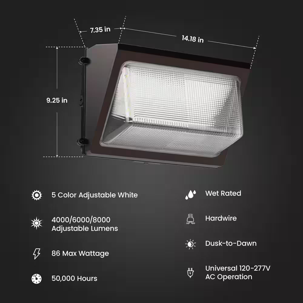 4000/6000/8000 Lumens Select Integrated LED Selectable 5CCT Bronze Dusk to Dawn Commercial Wall Pack Light