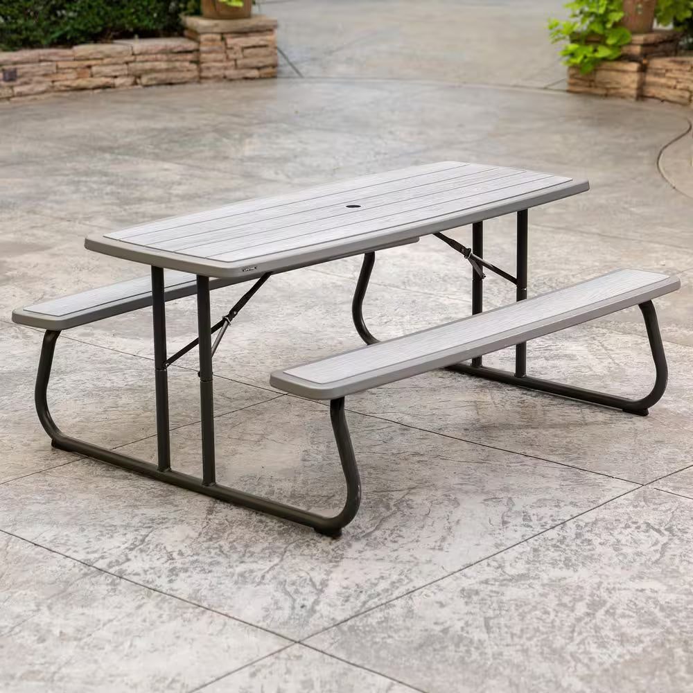 72 In. Bronze Sand Rectangle Steel Frame Picnic Table in Storm Dust Rough Cut Color, Folding