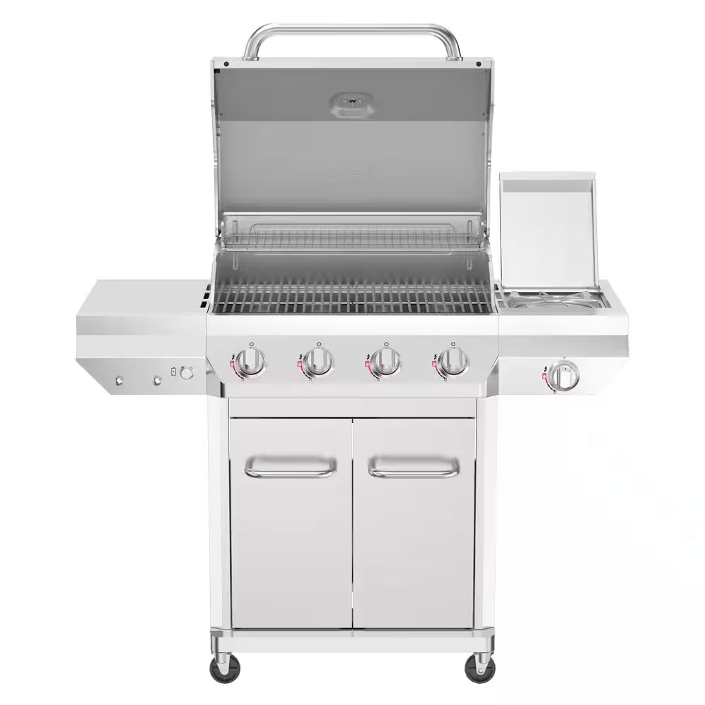 4 Burner Stainless Steel Propane Gas Grill with Side Burner