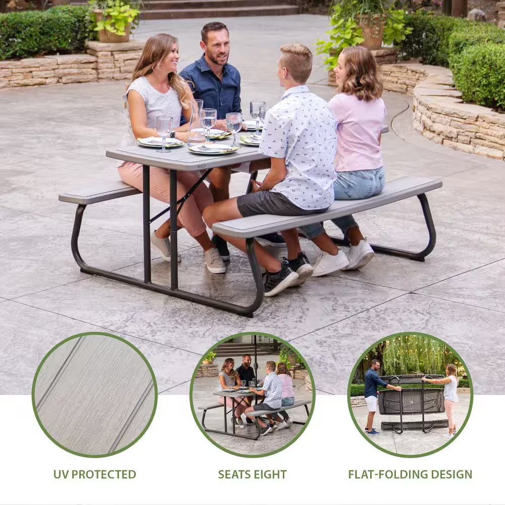 72 In. Bronze Sand Rectangle Steel Frame Picnic Table in Storm Dust Rough Cut Color, Folding