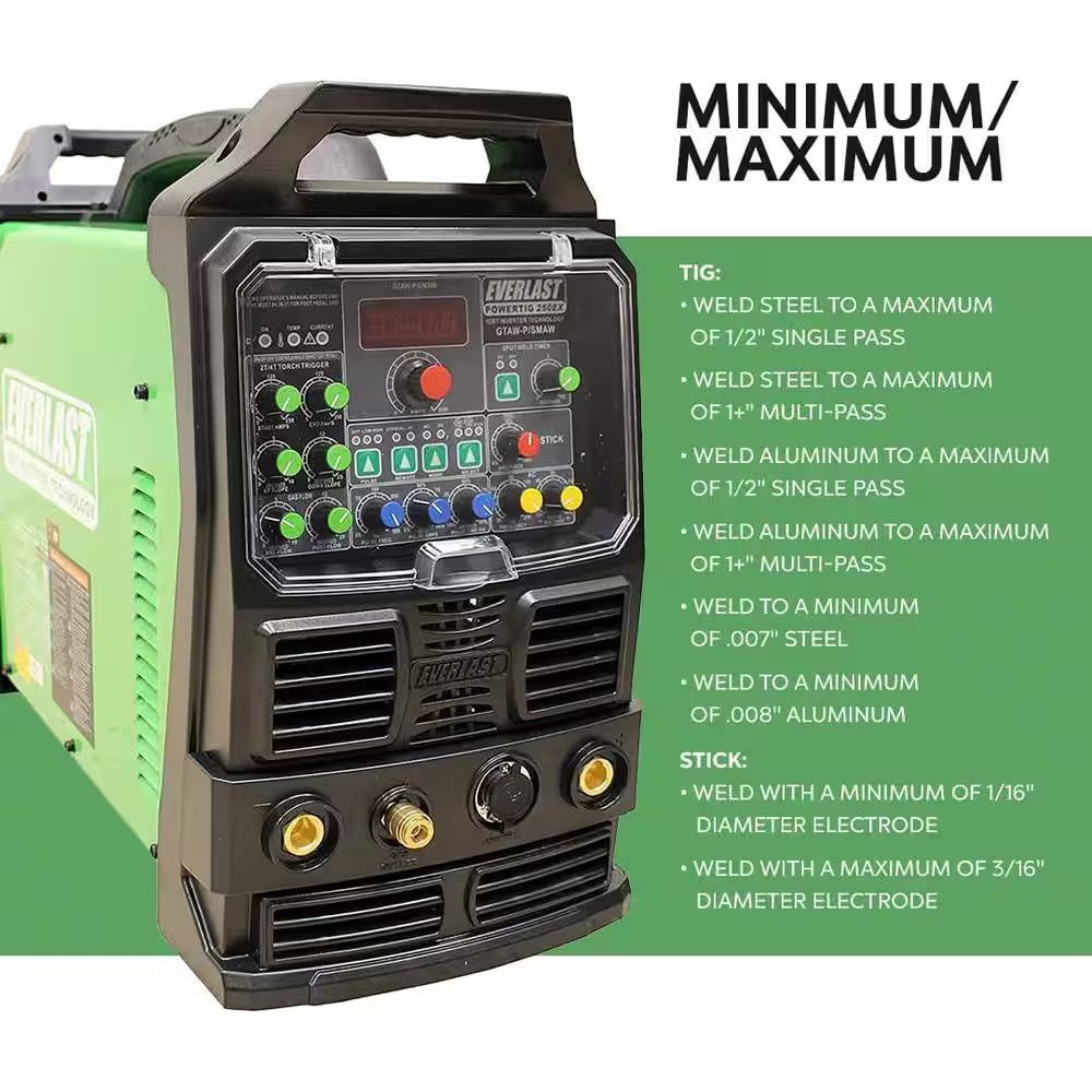 250 Amp Powertig 250EX IGBT Digital Inverter AC/DC Stick/Tig Welder with High Frequency and Lift TIG Start, 240V