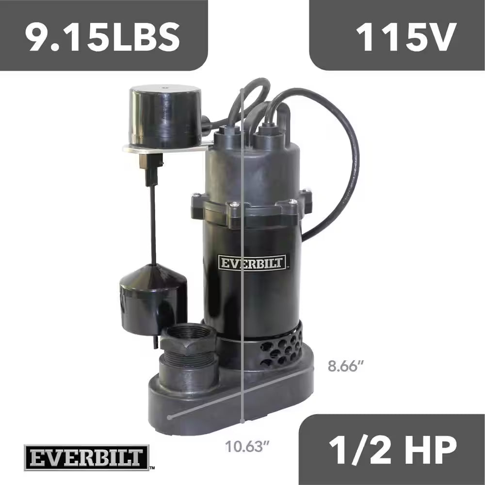 1/2 HP Aluminum Submersible Sump Pump Vertical Switch
