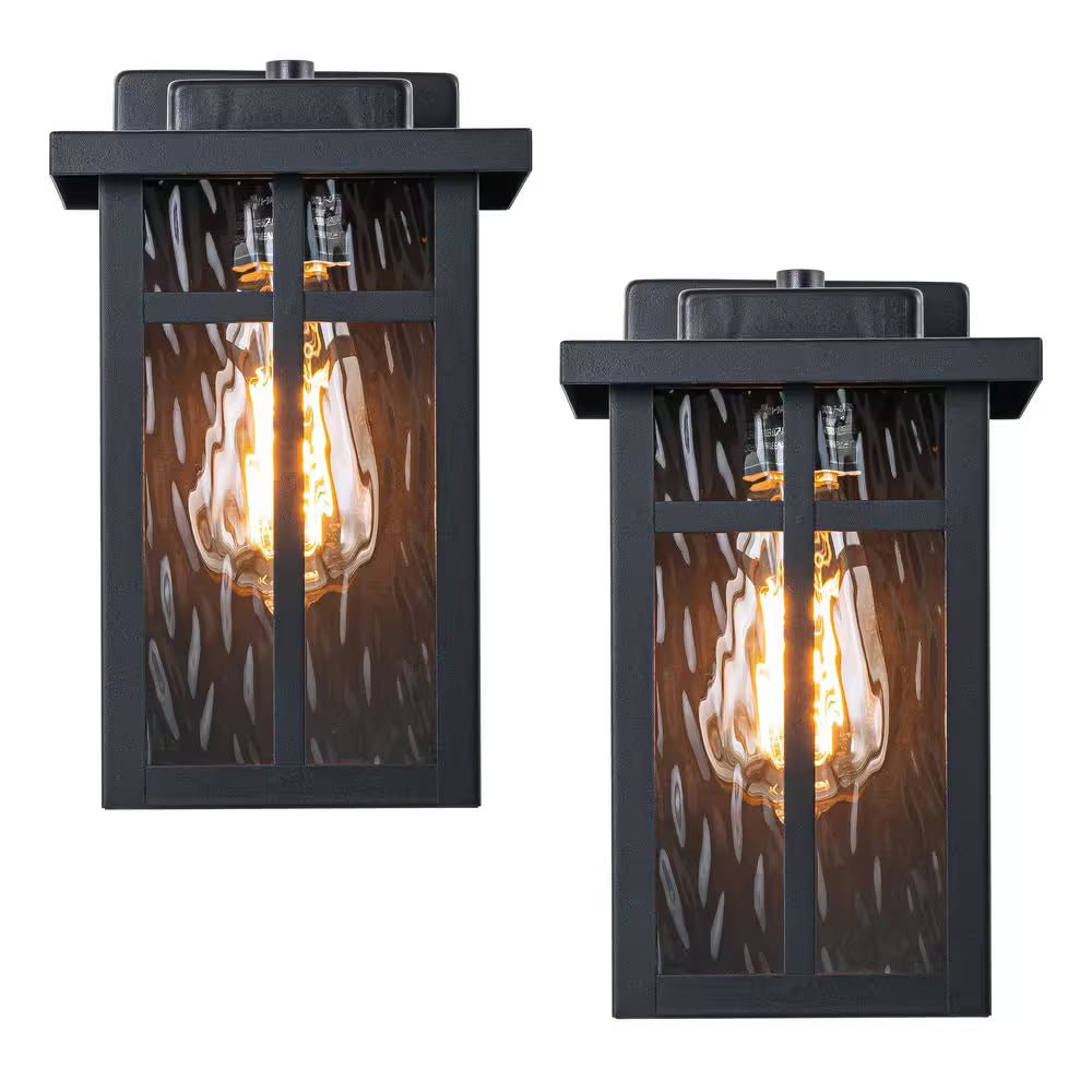 Matte Black Outdoor Hardwired Wall Lantern Sconces with Water Glass, No Bulbs Included (2-Pack)