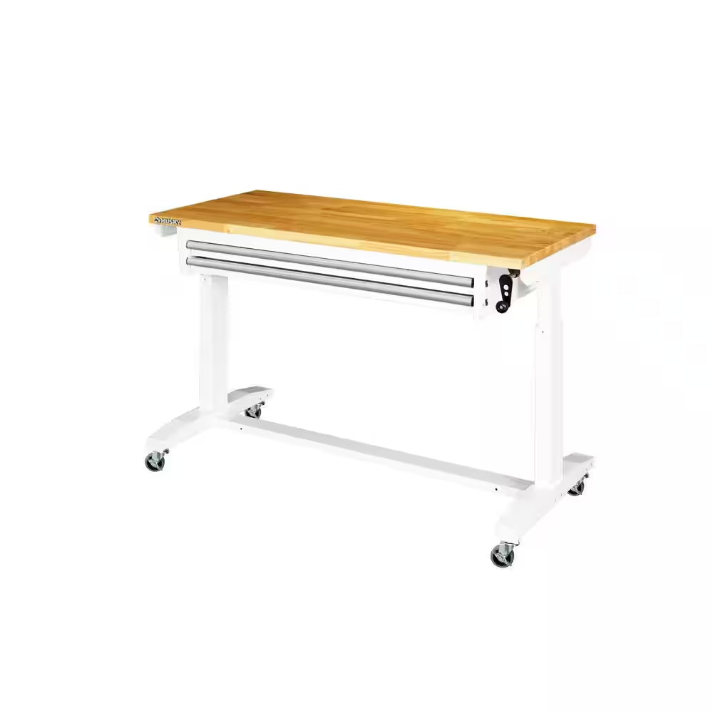52 In. W X 24 In. D 2-Drawer Adjustable Height White Workbench Table with Solid Wood Top