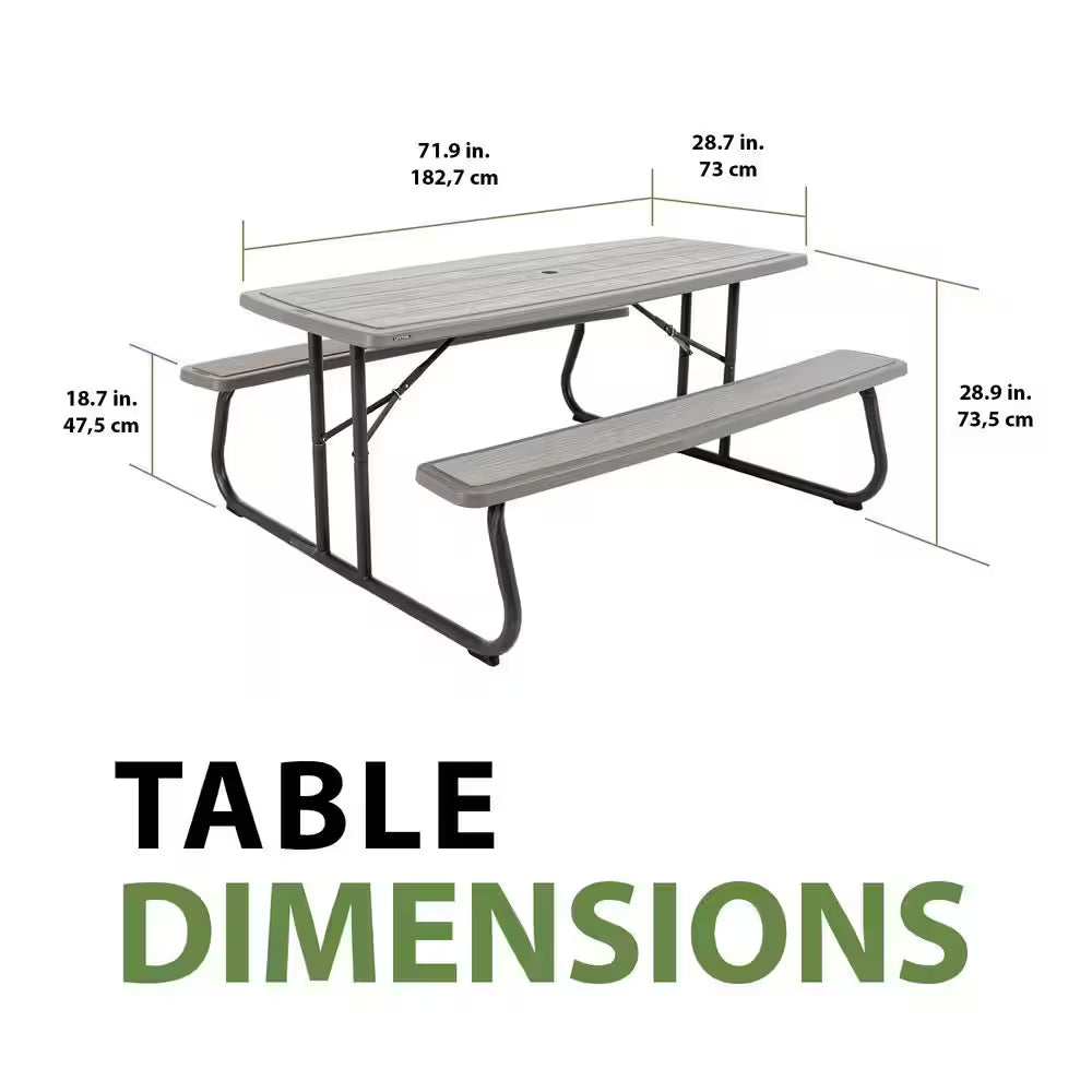 72 In. Bronze Sand Rectangle Steel Frame Picnic Table in Storm Dust Rough Cut Color, Folding