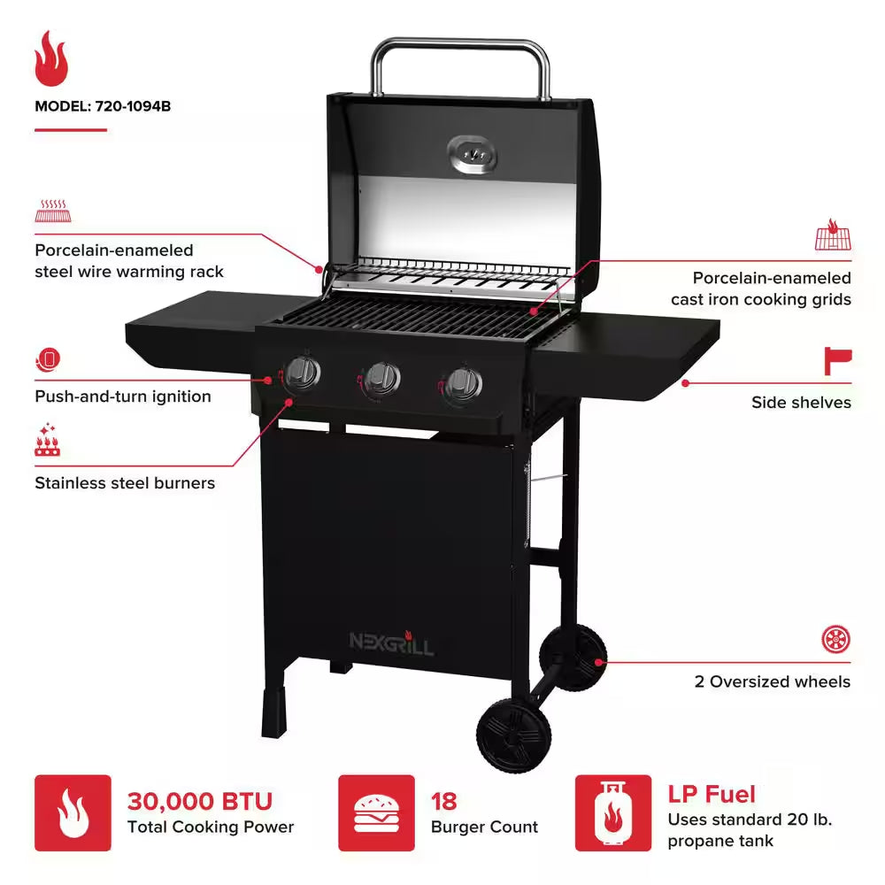 3 Burner Liquid Propane Gas Grill in Black
