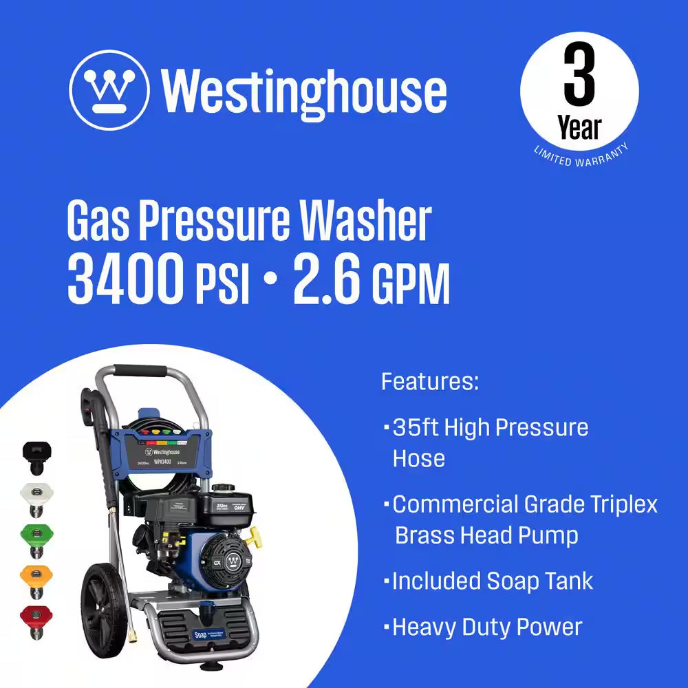 3400 PSI 2.6 GPM Gas Powered Axial Cam Pump Cold Water Pressure Washer with Soap Tank and 5 Quick Connect Tips