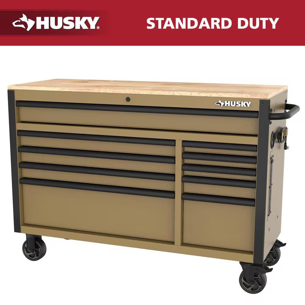 Standard-Duty 52 In. W 10-Drawer Matte Cadet Gray Mobile Workbench Cabinet with Solid Wood Top